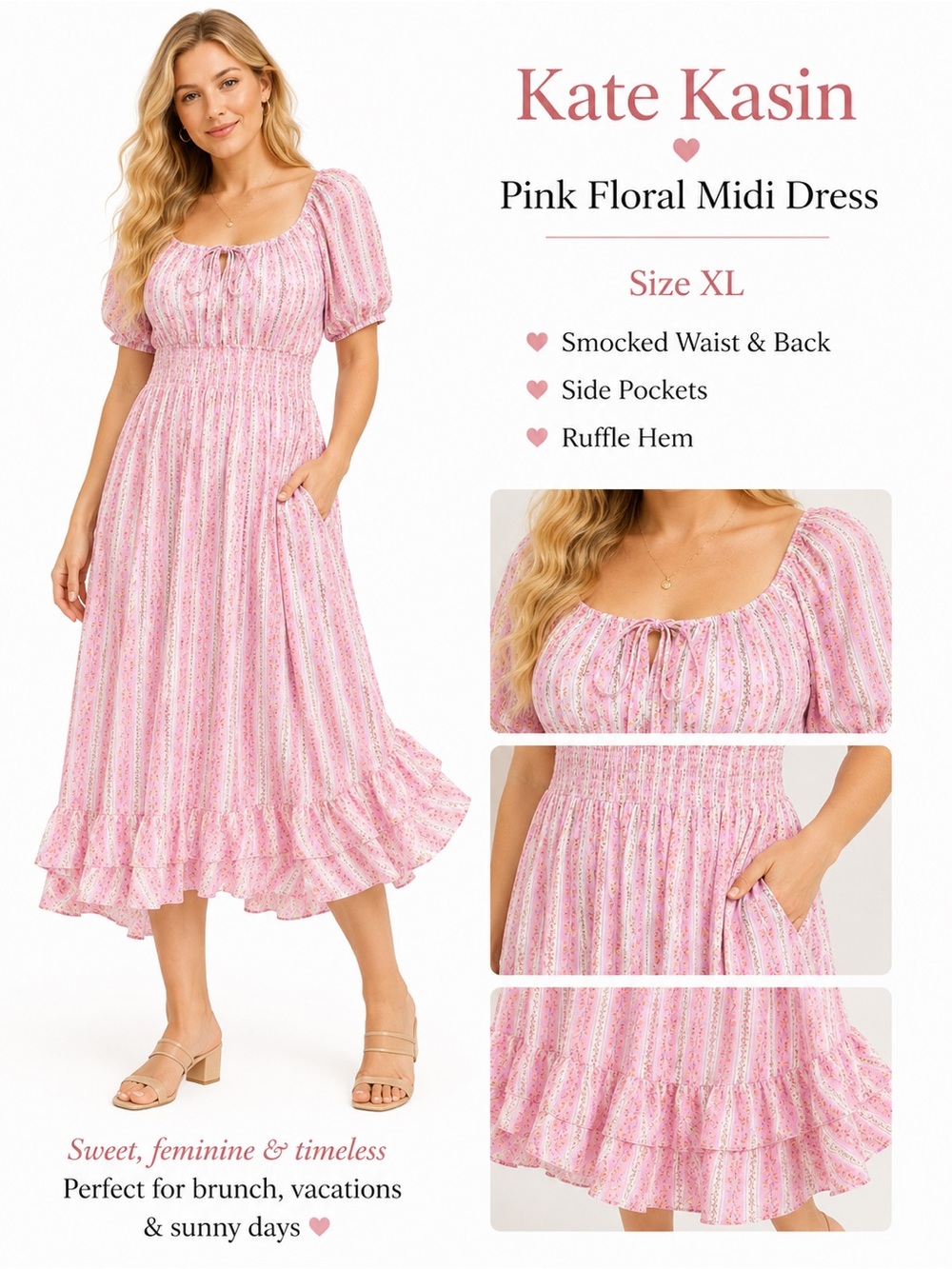 Kate Kasin Pink Floral Smocked Midi Dress XL Cottagecore Coquette Puff Sleeve